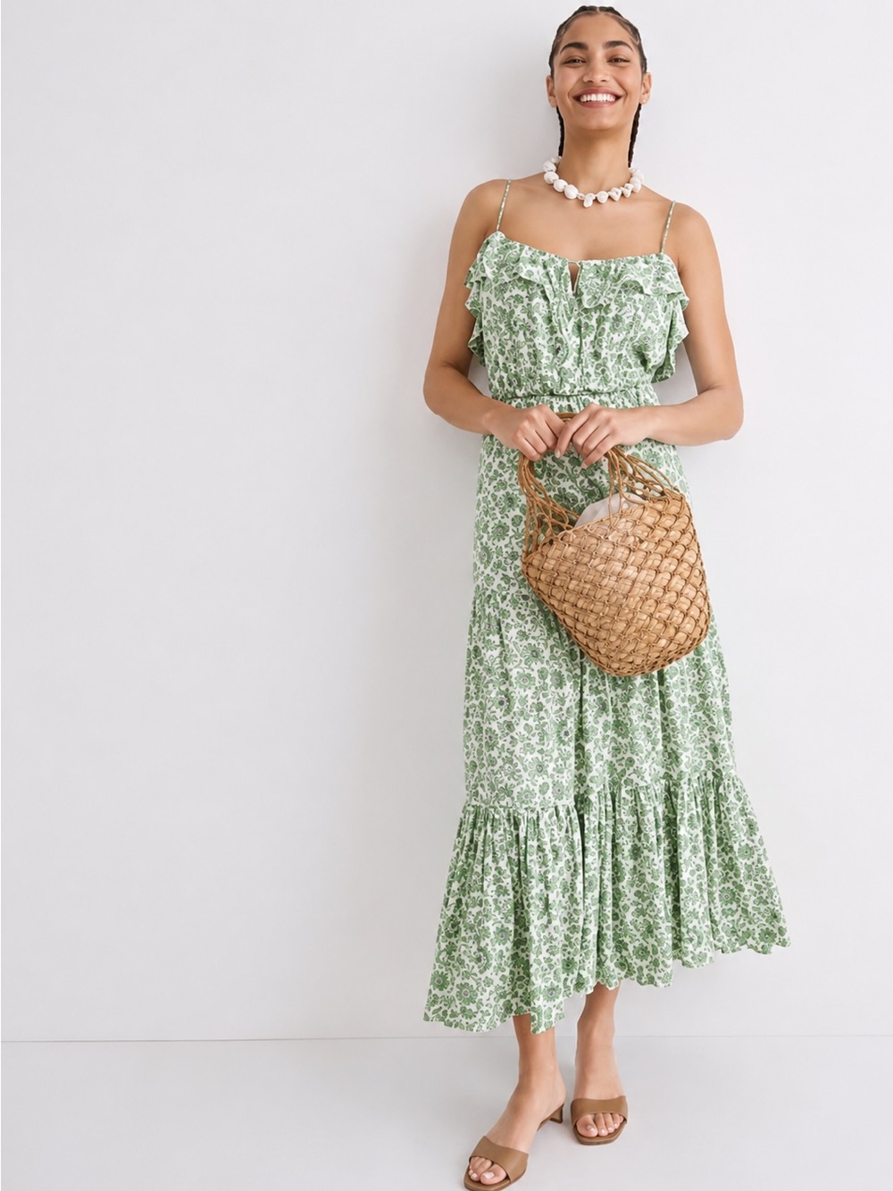 J Crew Tiered Maxi Dress Green Ivory Tossed Floral Womens Size Medium New